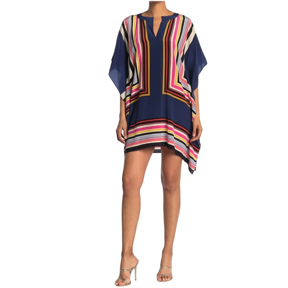 Trina Turk Theodora Midi Dress Navy‎ Multi Stripe V Neck Kaftan S